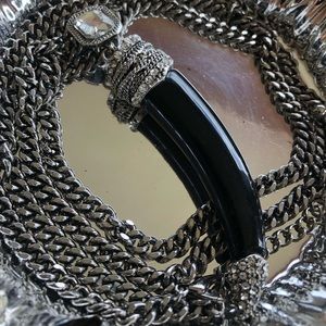 Rhinestone and black horn shape long necklace